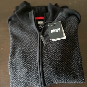 DKNY Mens cardigan, full zip, size L, black/gray herringbone front, black back.